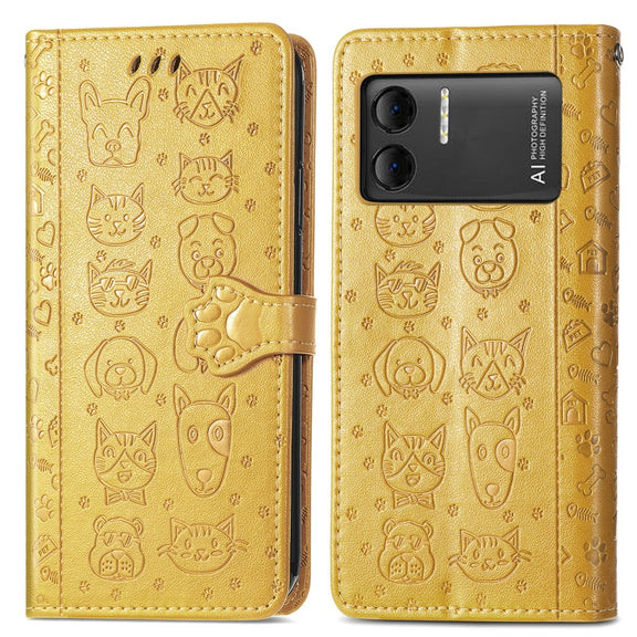For DOOGEE X98 Pro / X98 Cat and Dog Embossed Leather Phone Case(Yellow)