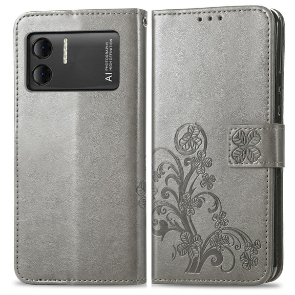For DOOGEE X98 Pro / X98 Four-leaf Clasp Embossed Buckle Leather Phone Case(Grey)