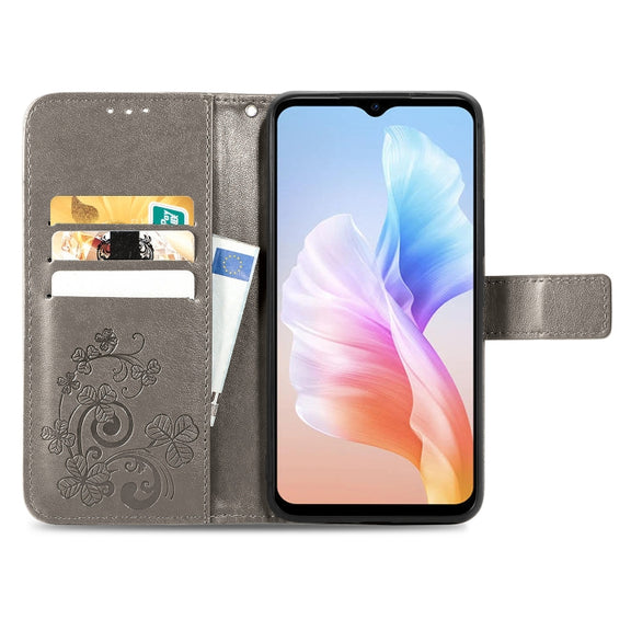 For DOOGEE X98 Pro / X98 Four-leaf Clasp Embossed Buckle Leather Phone Case(Grey)