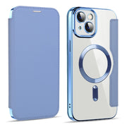For iPhone 15 Shield MagSafe RFID Anti-theft Leather Phone Case(Blue)