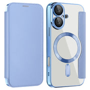 For iPhone 16 Plus Shield MagSafe RFID Anti-theft Leather Phone Case(Blue)