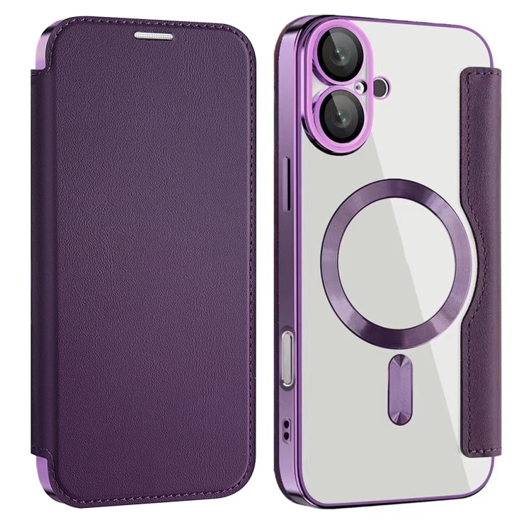 For iPhone 16 Plus Shield MagSafe RFID Anti-theft Leather Phone Case(Purple)