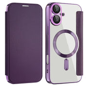 For iPhone 16 Plus Shield MagSafe RFID Anti-theft Leather Phone Case(Purple)