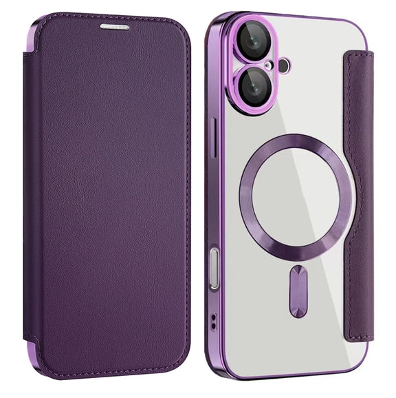 For iPhone 16 Plus Shield MagSafe RFID Anti-theft Leather Phone Case(Purple)