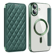 For iPhone 16 Shield Magsafe RFID Anti-theft Rhombus Leather Phone Case(Green)