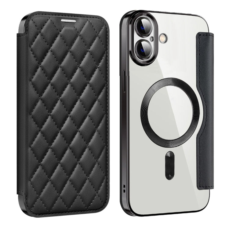 For iPhone 16 Plus Shield Magsafe RFID Anti-theft Rhombus Leather Phone Case(Black)