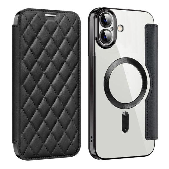 For iPhone 16 Plus Shield Magsafe RFID Anti-theft Rhombus Leather Phone Case(Black)