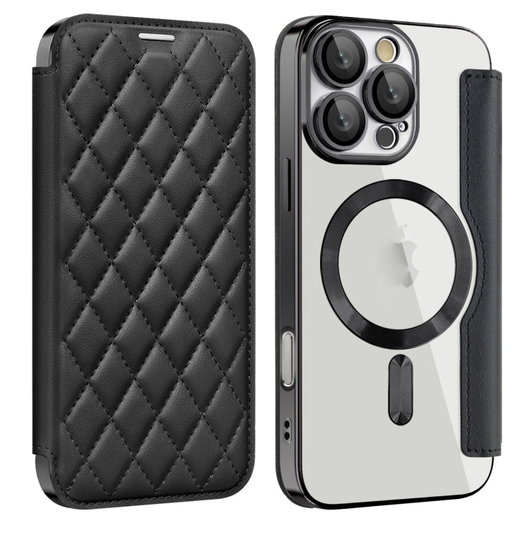 For iPhone 16 Pro Max Shield Magsafe RFID Anti-theft Rhombus Leather Phone Case(Black)