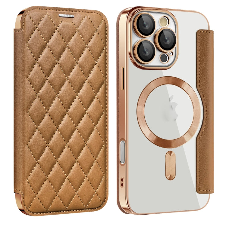 For iPhone 16 Pro Max Shield Magsafe RFID Anti-theft Rhombus Leather Phone Case(Brown)