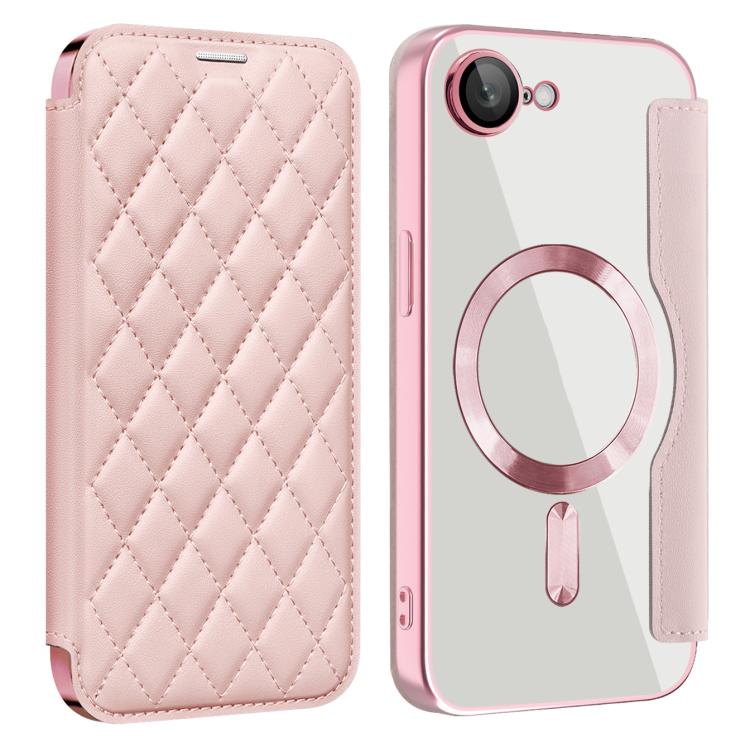 For iPhone 16e Shield Magsafe RFID Anti-theft Rhombus Leather Phone Case(Pink)