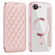 For iPhone 16e Shield Magsafe RFID Anti-theft Rhombus Leather Phone Case(Pink)