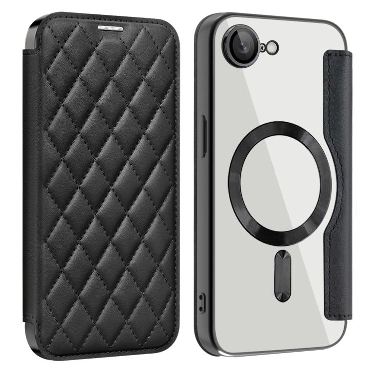 For iPhone 16e Shield Magsafe RFID Anti-theft Rhombus Leather Phone Case(Black)