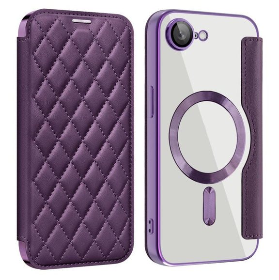 For iPhone 16e Shield Magsafe RFID Anti-theft Rhombus Leather Phone Case(Purple)