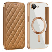 For iPhone 16e Shield Magsafe RFID Anti-theft Rhombus Leather Phone Case(Brown)