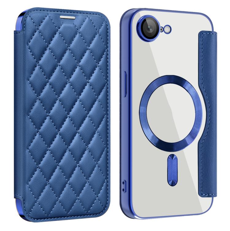For iPhone 16e Shield Magsafe RFID Anti-theft Rhombus Leather Phone Case(Dark Blue)