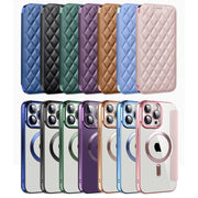 For iPhone 16 Shield Magsafe RFID Anti-theft Rhombus Leather Phone Case(Purple)