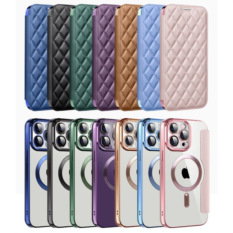 For iPhone 16 Pro Shield Magsafe RFID Anti-theft Rhombus Leather Phone Case(Blue)