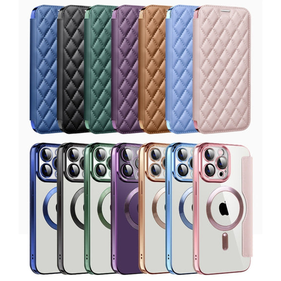 For iPhone 16 Shield Magsafe RFID Anti-theft Rhombus Leather Phone Case(Purple)