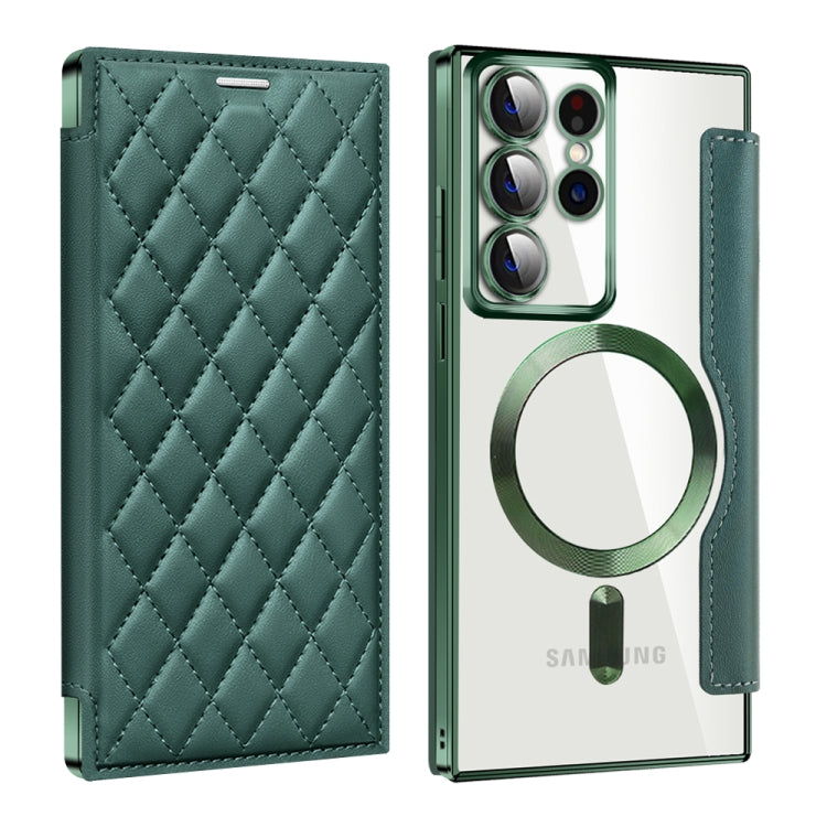 For Samsung Galaxy S22 Ultra 5G Shield MagSafe RFID Anti-theft Rhombus Leather Phone Case(Green)