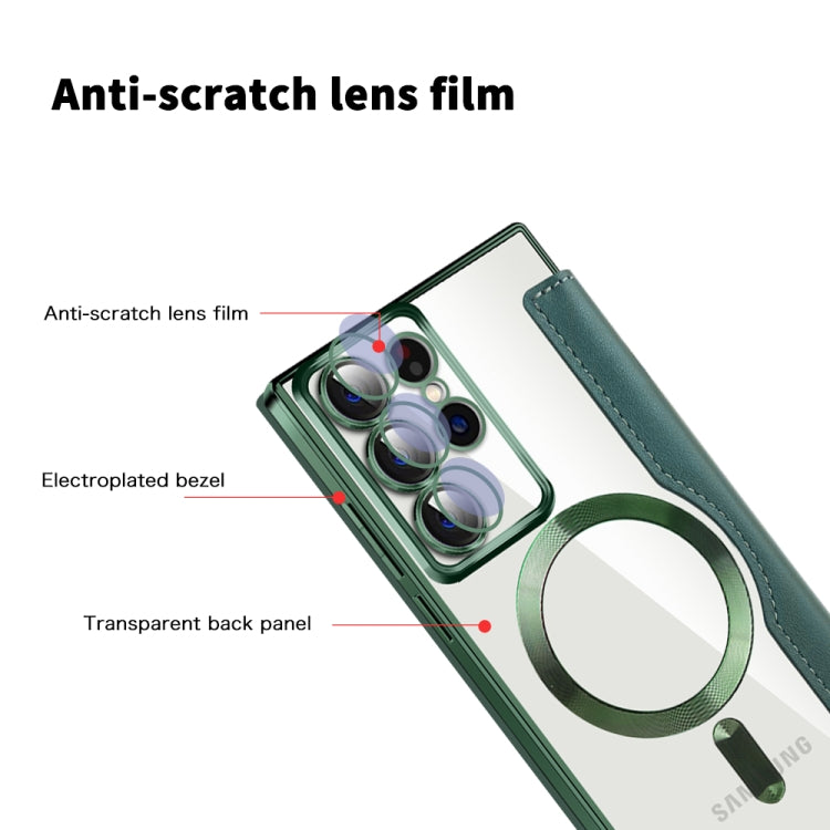 For Samsung Galaxy S22 Ultra 5G Shield MagSafe RFID Anti-theft Rhombus Leather Phone Case(Green)