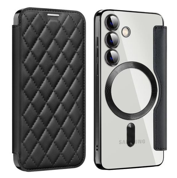 For Samsung Galaxy S25 5G Shield MagSafe RFID Anti-theft Rhombus Leather Phone Case(Black)