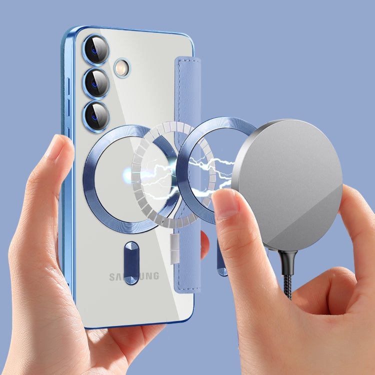 For Samsung Galaxy S25 5G Shield MagSafe RFID Anti-theft Rhombus Leather Phone Case(Blue)