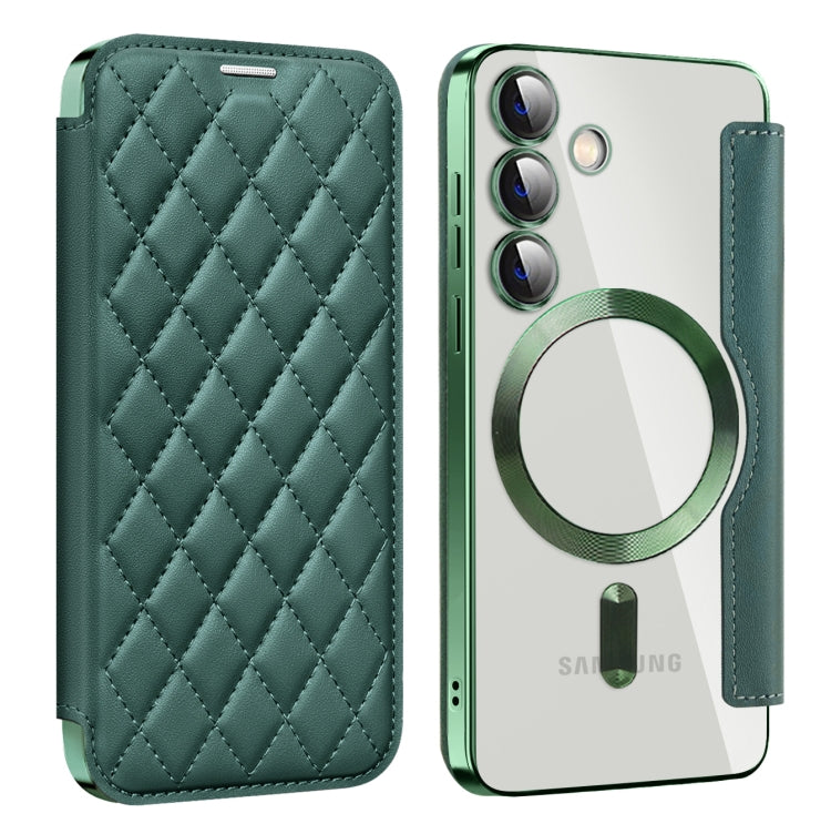 For Samsung Galaxy S25 5G Shield MagSafe RFID Anti-theft Rhombus Leather Phone Case(Green)