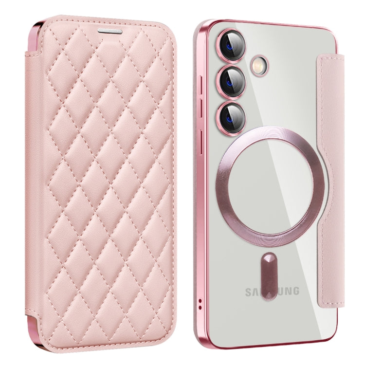 For Samsung Galaxy S25 5G Shield MagSafe RFID Anti-theft Rhombus Leather Phone Case(Pink)