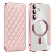 For Samsung Galaxy S25 5G Shield MagSafe RFID Anti-theft Rhombus Leather Phone Case(Pink)
