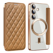For Samsung Galaxy S25 5G Shield MagSafe RFID Anti-theft Rhombus Leather Phone Case(Brown)