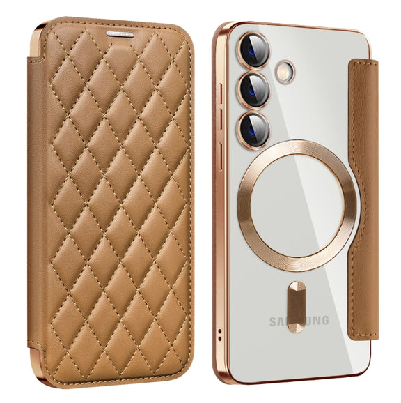 For Samsung Galaxy S25 5G Shield MagSafe RFID Anti-theft Rhombus Leather Phone Case(Brown)