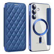 For Samsung Galaxy S25+ 5G Shield MagSafe RFID Anti-theft Rhombus Leather Phone Case(Dark Blue)