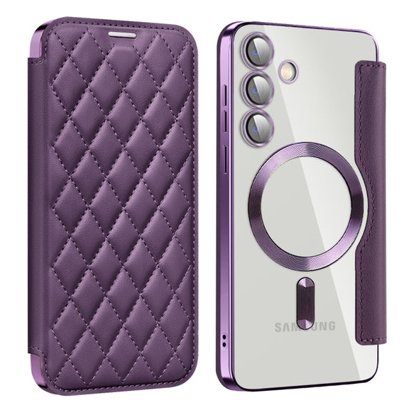 For Samsung Galaxy S25+ 5G Shield MagSafe RFID Anti-theft Rhombus Leather Phone Case(Purple)