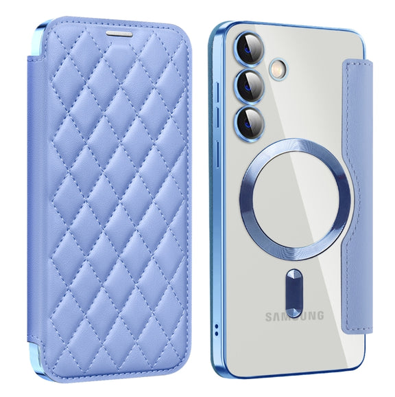 For Samsung Galaxy S25+ 5G Shield MagSafe RFID Anti-theft Rhombus Leather Phone Case(Blue)