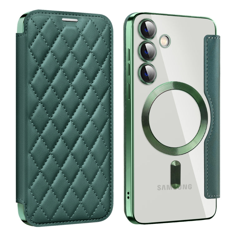 For Samsung Galaxy S25+ 5G Shield MagSafe RFID Anti-theft Rhombus Leather Phone Case(Green)
