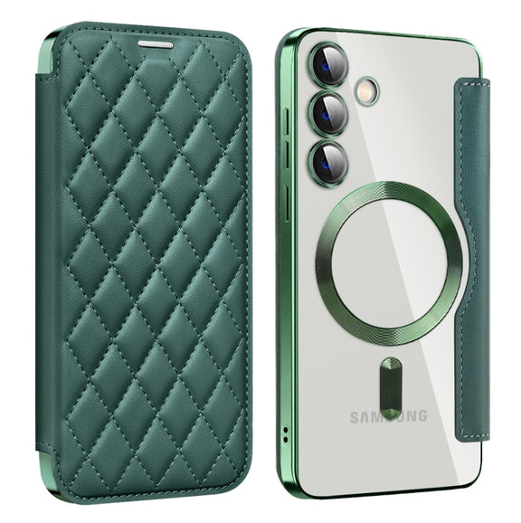 For Samsung Galaxy S25+ 5G Shield MagSafe RFID Anti-theft Rhombus Leather Phone Case(Green)