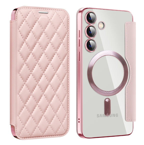 For Samsung Galaxy S25+ 5G Shield MagSafe RFID Anti-theft Rhombus Leather Phone Case(Pink)