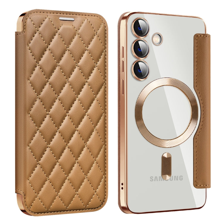 For Samsung Galaxy S25+ 5G Shield MagSafe RFID Anti-theft Rhombus Leather Phone Case(Brown)