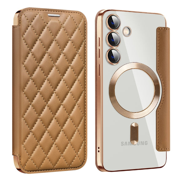 For Samsung Galaxy S25+ 5G Shield MagSafe RFID Anti-theft Rhombus Leather Phone Case(Brown)