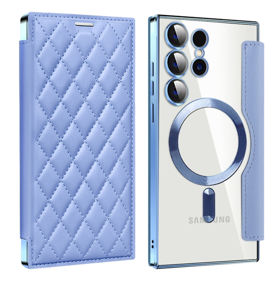 For Samsung Galaxy S25 Ultra 5G Shield MagSafe RFID Anti-theft Rhombus Leather Phone Case(Blue)