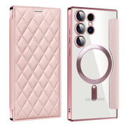 For Samsung Galaxy S25 Ultra 5G Shield MagSafe RFID Anti-theft Rhombus Leather Phone Case(Pink)