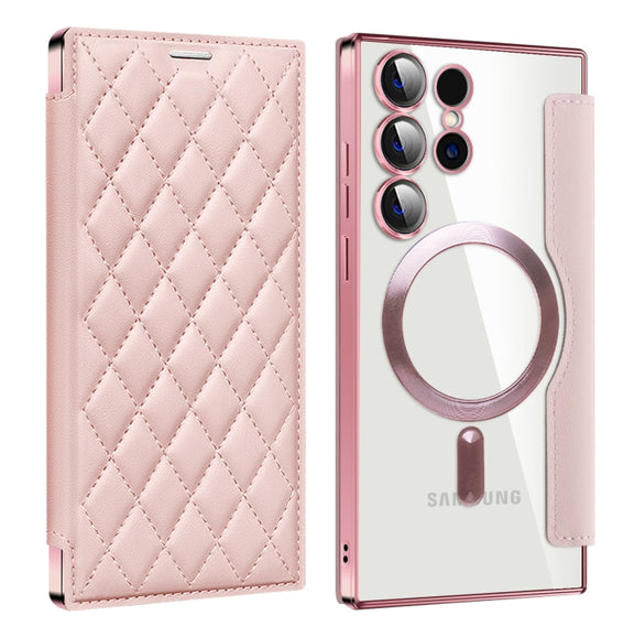 For Samsung Galaxy S25 Ultra 5G Shield MagSafe RFID Anti-theft Rhombus Leather Phone Case(Pink)