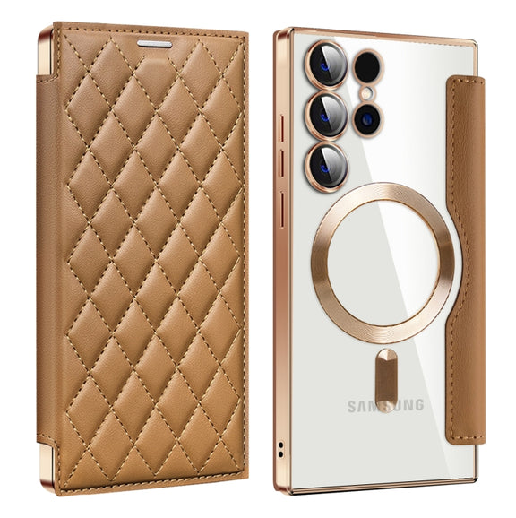 For Samsung Galaxy S25 Ultra 5G Shield MagSafe RFID Anti-theft Rhombus Leather Phone Case(Brown)