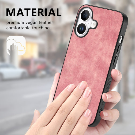 For iPhone 16 Vintage Leather PC Back Cover Phone Case(Pink)