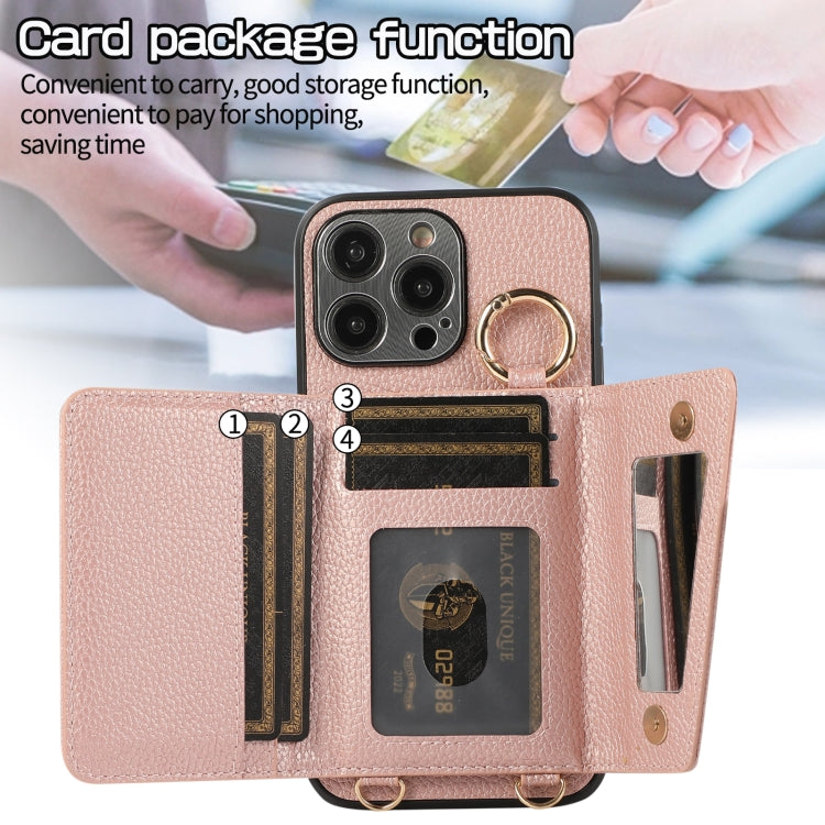 For iPhone 15 Crossbody Ring Wallet Leather Back Cover Phone Case(Pink)