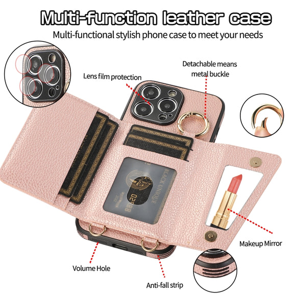For iPhone 15 Crossbody Ring Wallet Leather Back Cover Phone Case(Pink)