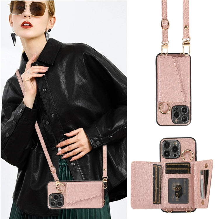 For iPhone 15 Crossbody Ring Wallet Leather Back Cover Phone Case(Pink)