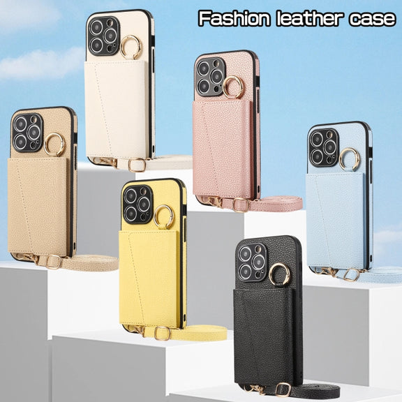For iPhone 15 Crossbody Ring Wallet Leather Back Cover Phone Case(Pink)