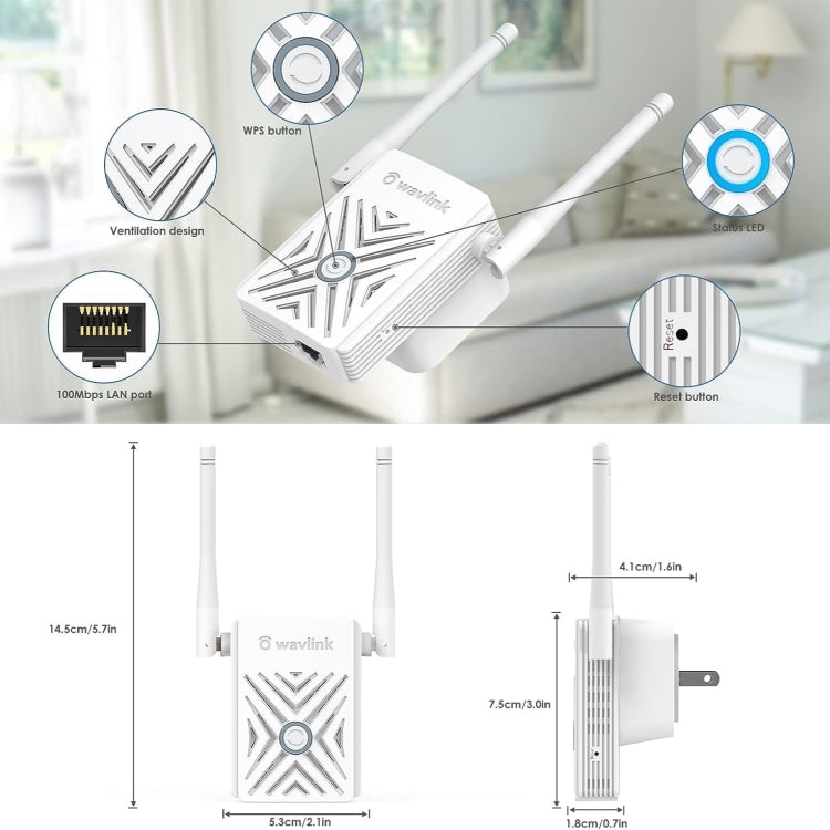 WAVLINK WN578W2 For Home Office N300 WiFi Wireless AP Repeater Signal Booster, Plug:US Plug