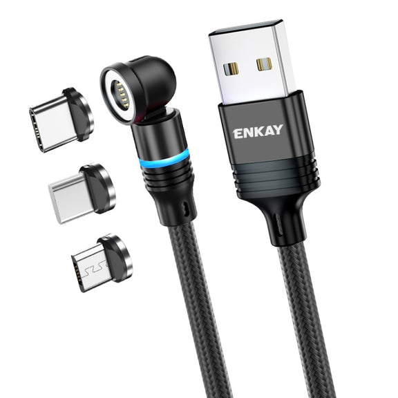 ENKAY 3 in 1 3A USB to Type-C / 8 Pin / Micro USB Magnetic 540 Degrees Rotating Fast Charging Cable, Length:2m(Black)